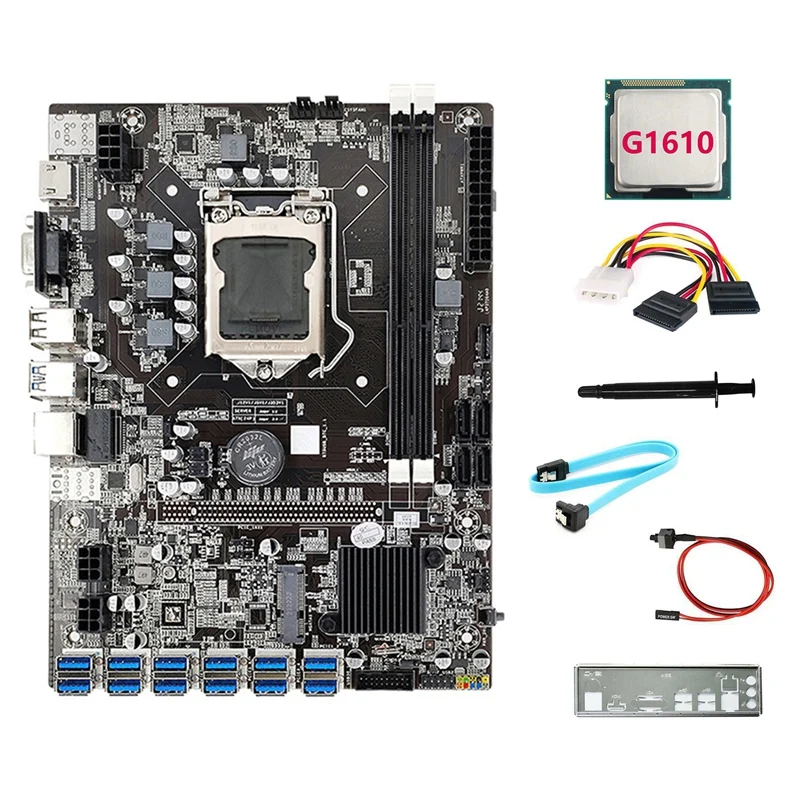 B75 12USB ETH Mining Motherboard+G1610 CPU+4PIN To SATA Cable+SATA Cable+Switch Cable+Baffle+Thermal Grease For BTC enlarge