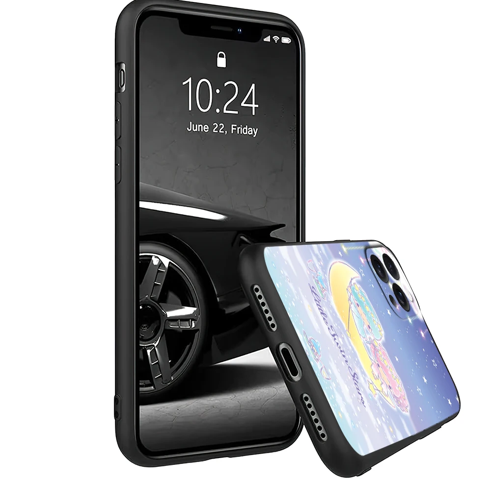 MINISO L-Little Twin S-Stars K-KiKi L-Lala Cute Phone Case for iPhone 12 11 14 15 13 16 Max Plus Pro Black Soft Silicone Cover