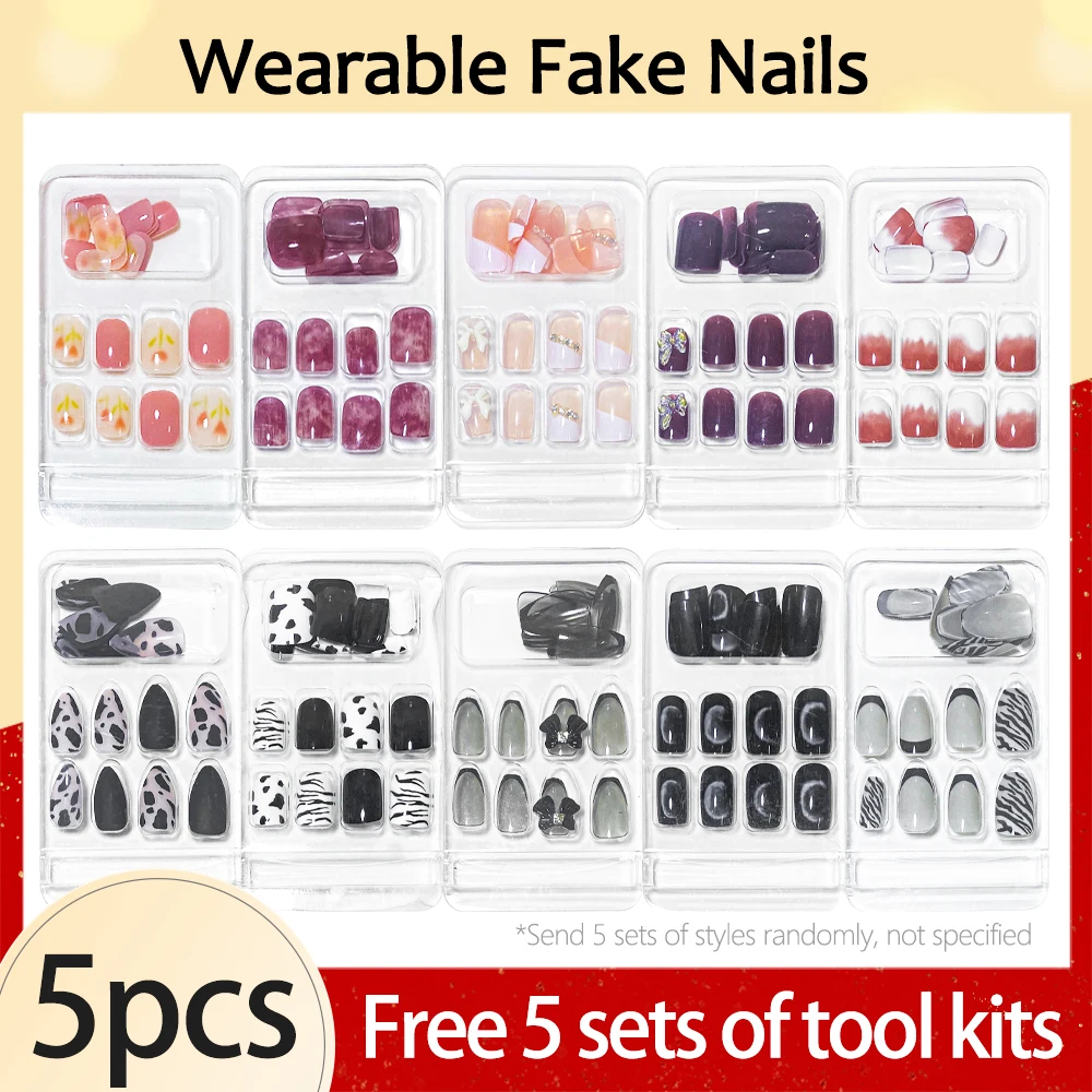 24Pcs/Set Fake Nails 5 Sets Random Style Detachable Wearing Reusable with Send Style Give Away 5 Sets of Tools Full Cover Nail