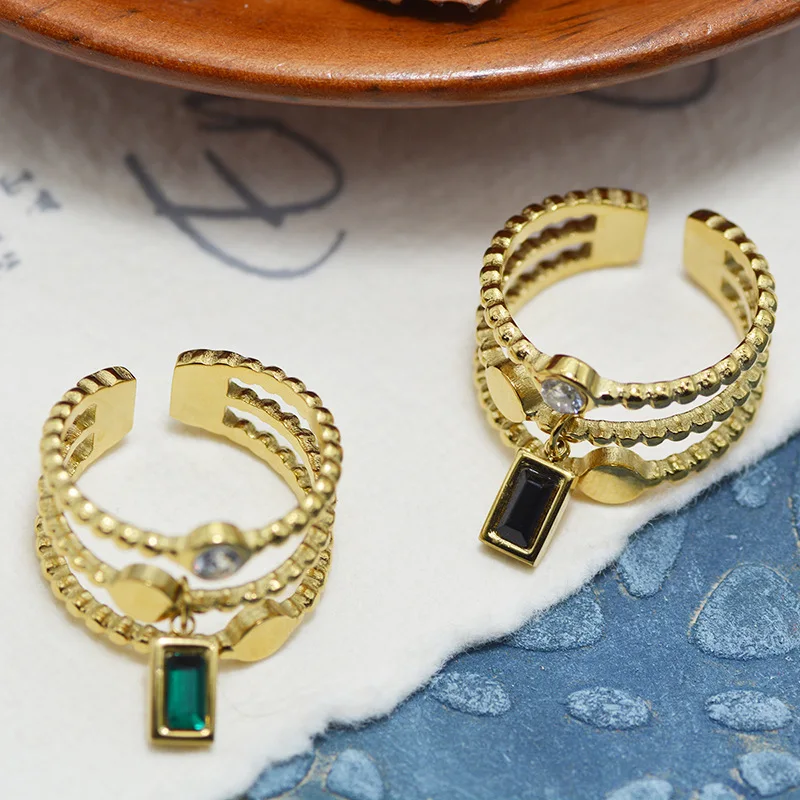 

2022 New French Stainless Steel Rings Green Zircon Rings Ladies 18K Gold Plated Rings Beaded Open Rings Waterproof Jewelry Gifts