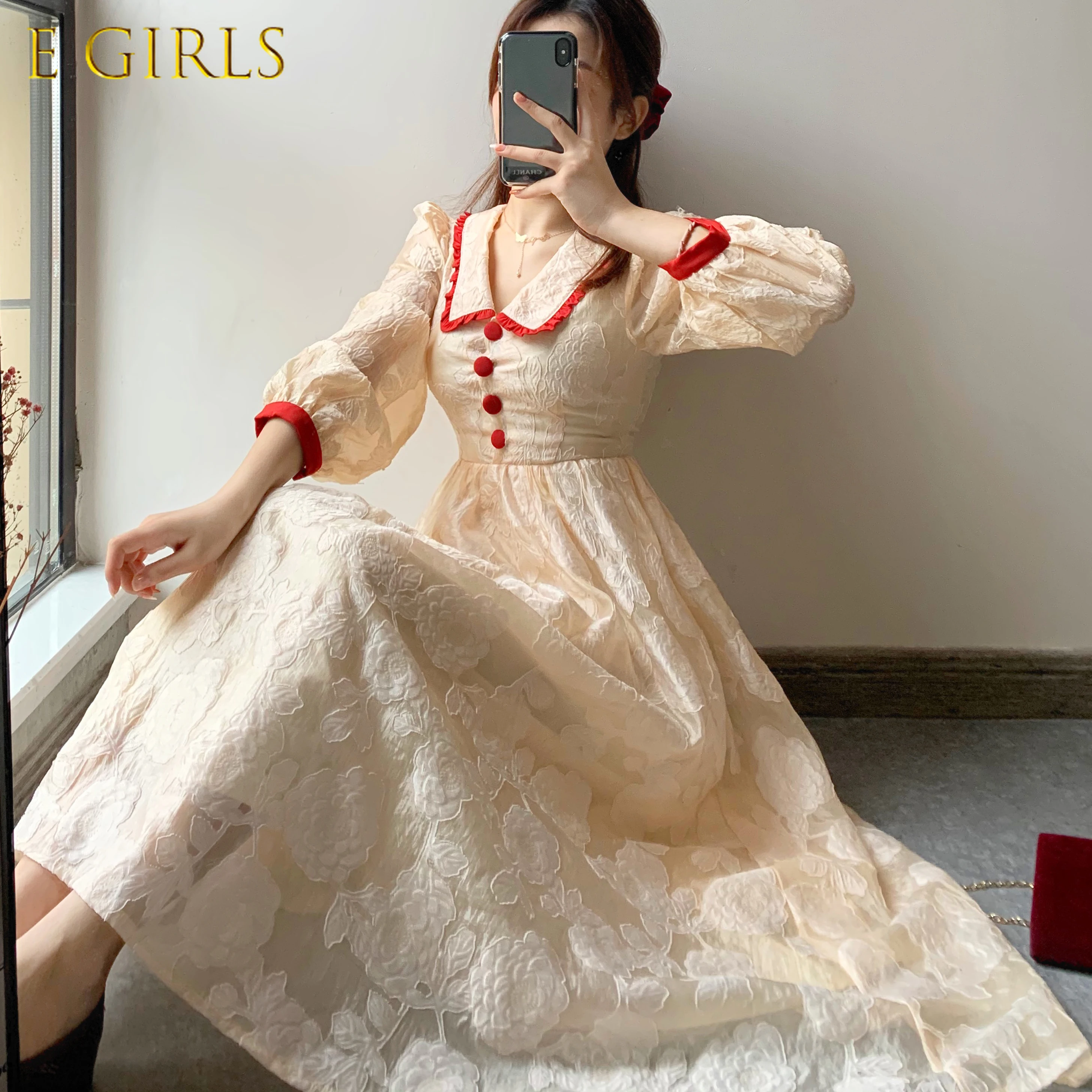 

E GIRLS Sweet Vintage Dress Women Elegant Evening Party Dress Button French Fairy Long Sleeve One Piece Dress Korean 2020 Spring
