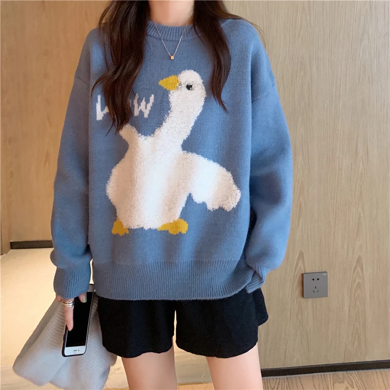 

Wow White Duck Knitted Sweater Sweet Girls Casual O-Neck Pullovers Preppy Style Loose Cartoon Jumpers Autumn Winter Warm Tops