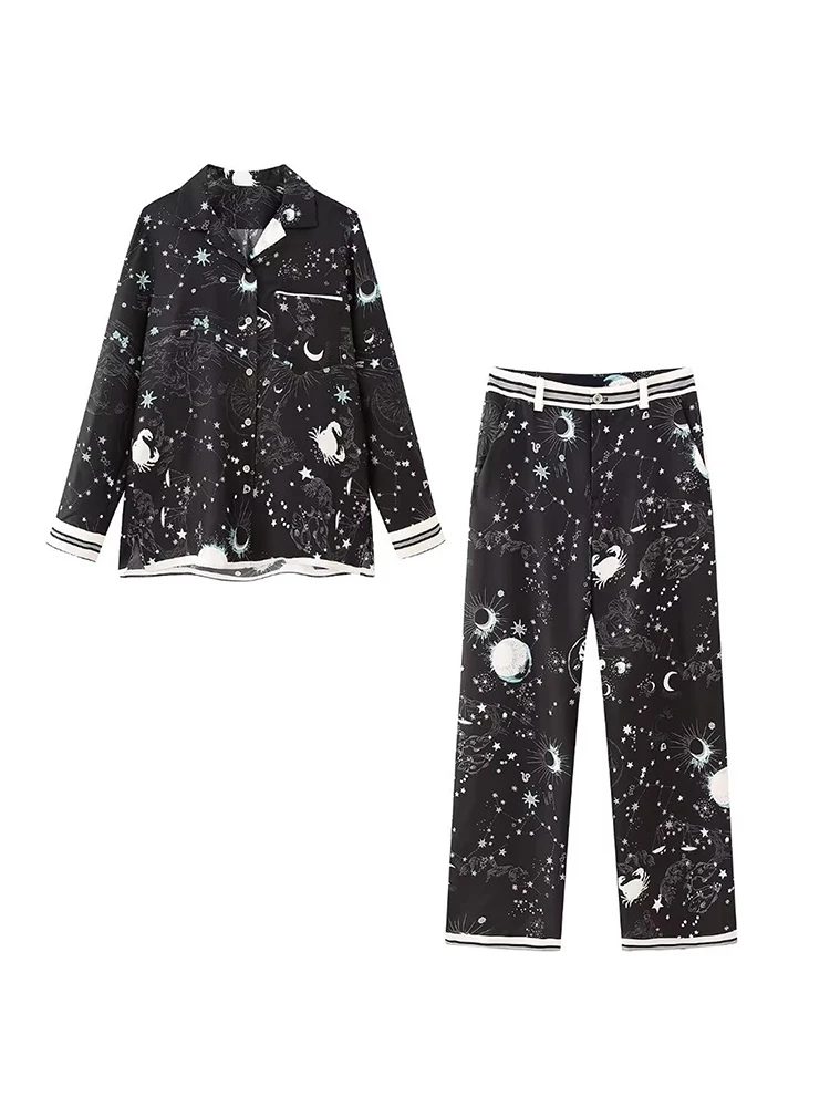 

TRAF 2023 Summer Printed Blouse Pants Sets For Women New Female Long Sleeve Single Breasted Zipper Pants Causal Pockets Outwear