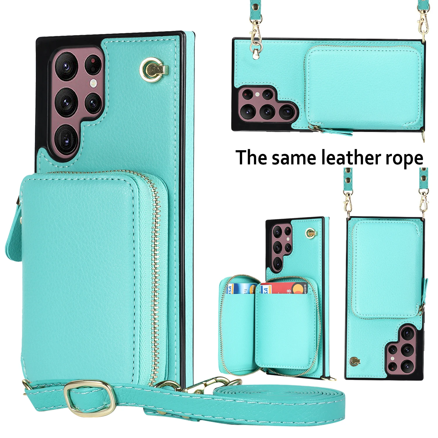 Solid Color Zipper Wallet Phone Case For Samsung Galaxy Note10 S20 21 22 Plus Ultra FE With Card Holder Lanyard Strap Cover