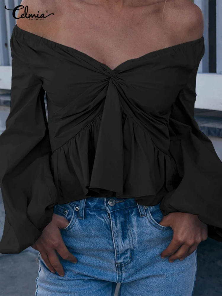 

Women Off Shoulder Shirt Celmia 2022 Sexy Puff Long Sleeve V-neck Blouses Spring Twisted Ruffles Pleated Short Tops Streetwear