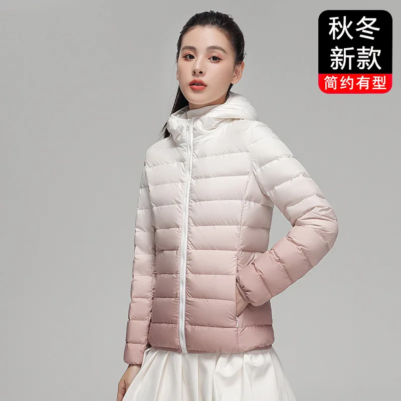 Lightweight Down Jacket Women 2022 New Autumn Winter Short Hooded Casual Fashion Gradient Ultra-thin Coat Outwear