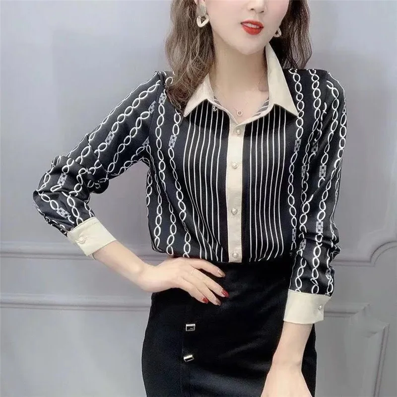

Элегантная модная офисная Дамская рубашка в Корейском стиле на пуговицах весна-осень с длинным рукавом простая полосатая Свободная блузка с принтом Топ женские блузы