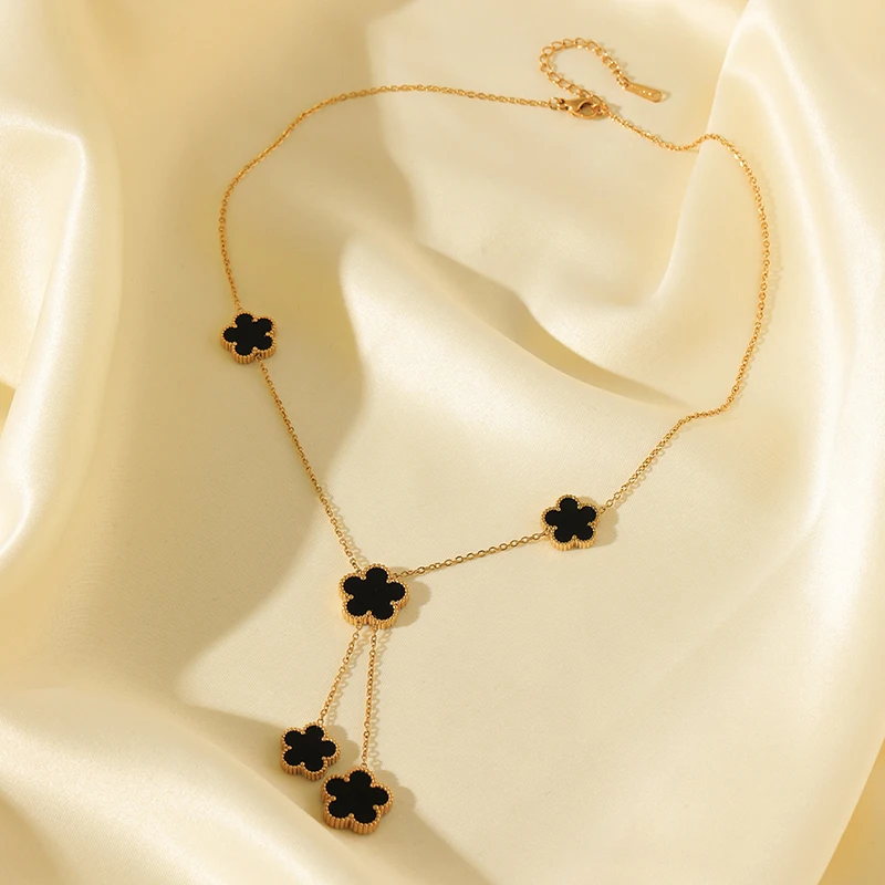 EILIECK Нержавеющая сталь 316L 1 комплект женское черное ожерелье с пятью лепестками