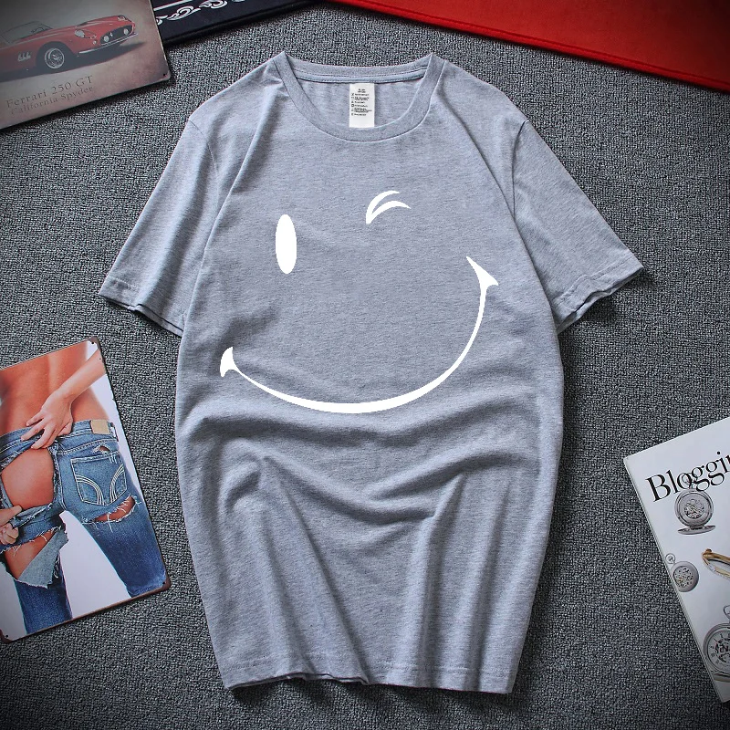 

Summer New 100% Cotton T-Shirt Men's Funny Smiley Print Casual Sports Short Sleeve Top Solid Color Simple Oversized