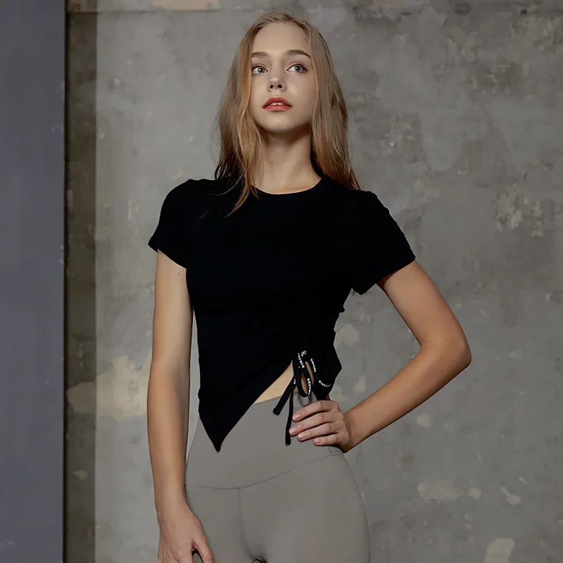 

2022 new outdoor running short sleeve Yoga suit top Korean personalized drawstring Yoga Fitness suit T-shirt wholesale