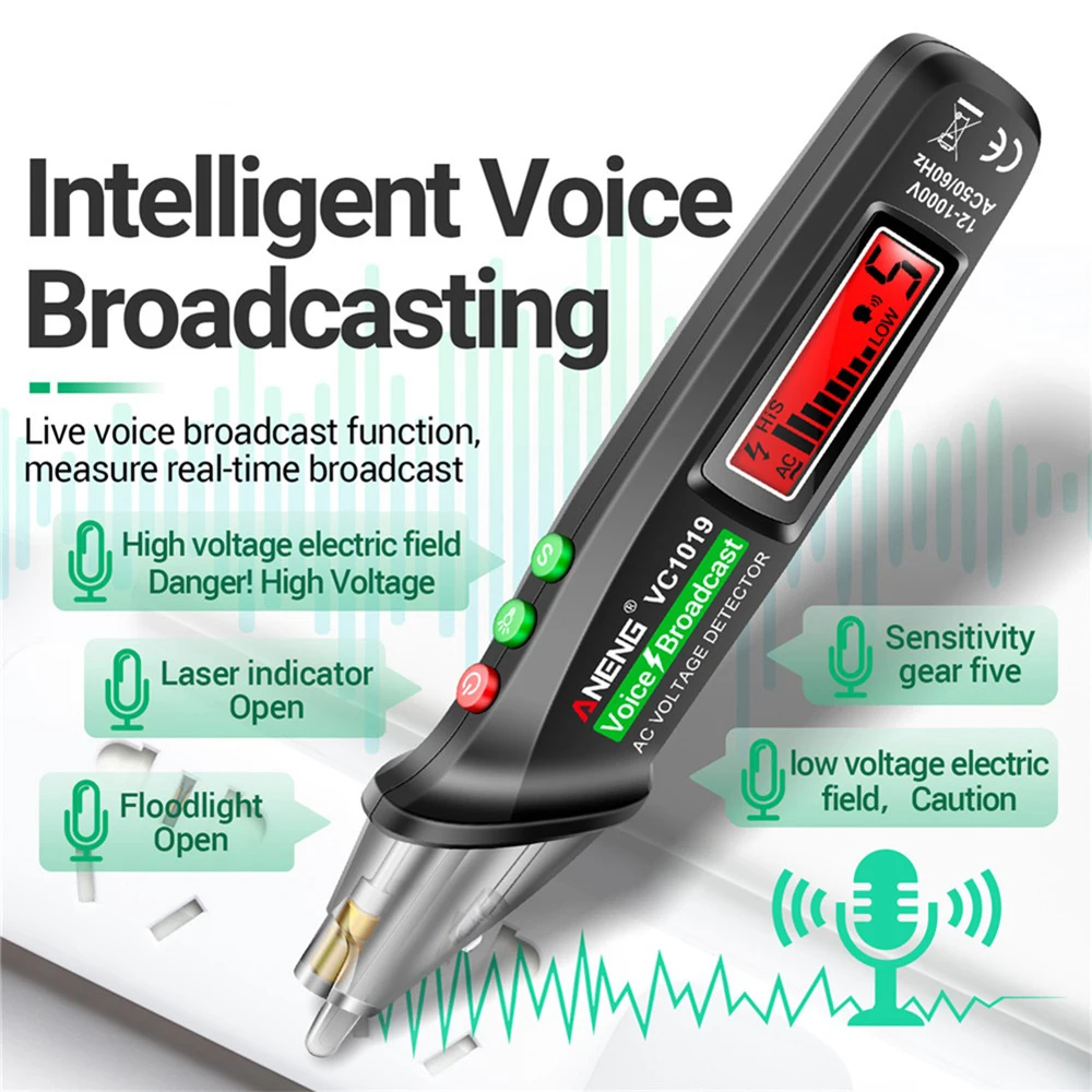 

VC1019 Intelligent Voice Broadcast Tester Pen Voltage Detector 12-1000V Voltage Non-Contact Pen Electric Teste Meter Tool