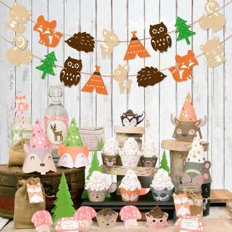 

16Pcs Jungle Theme Party Banners Cartoon Animals Garland Forest Fox Squirrel Bunting For Baby Shower Kids Birthday Favor Decor