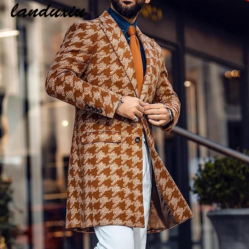 Landuxiu 2022 European and American Autumn Winter Mid-Length Suit Collar Fashion Plaid Print Trend Men's Woolen Coat Jacket