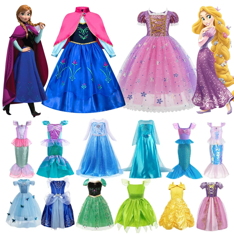 Детское Платье Принцессы Disney Рапунцель Золушка Анна Эльза маленькая Русалочка