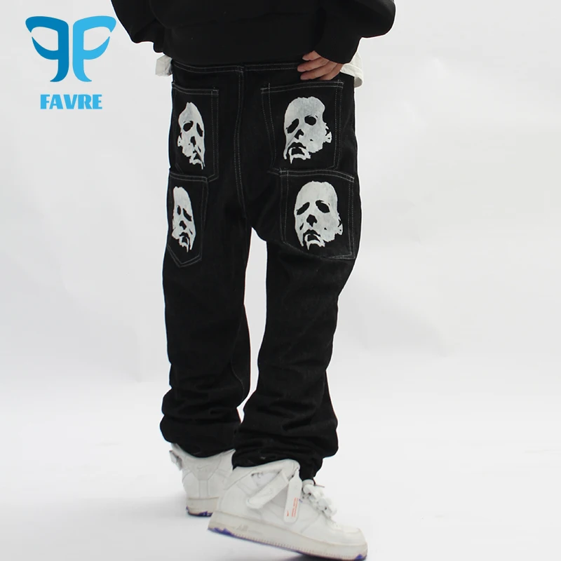 

FAVRE Black Jeans Bronzing Character Print Vibe Style Casual Jeans Mens Womens Streetwear Oversized Ripped Baggy Denim Trousers