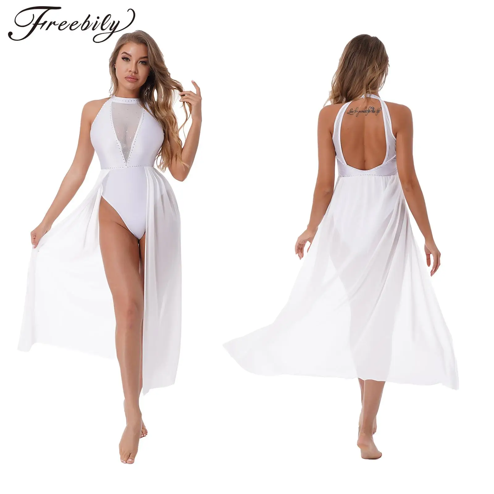 

Womens Halter Rhinestone Ballroom Dress Long Latin Dance Dress Adult Ballet Dance Leotard Lyrical Dress Costume Ballerina Wear