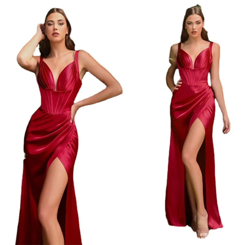 Women Sexy Prom Evening Gown Spaghetti Backless Deep V-neck Fashion Cocktail Dress Elegant High Split Party Bridesmaid Dresses