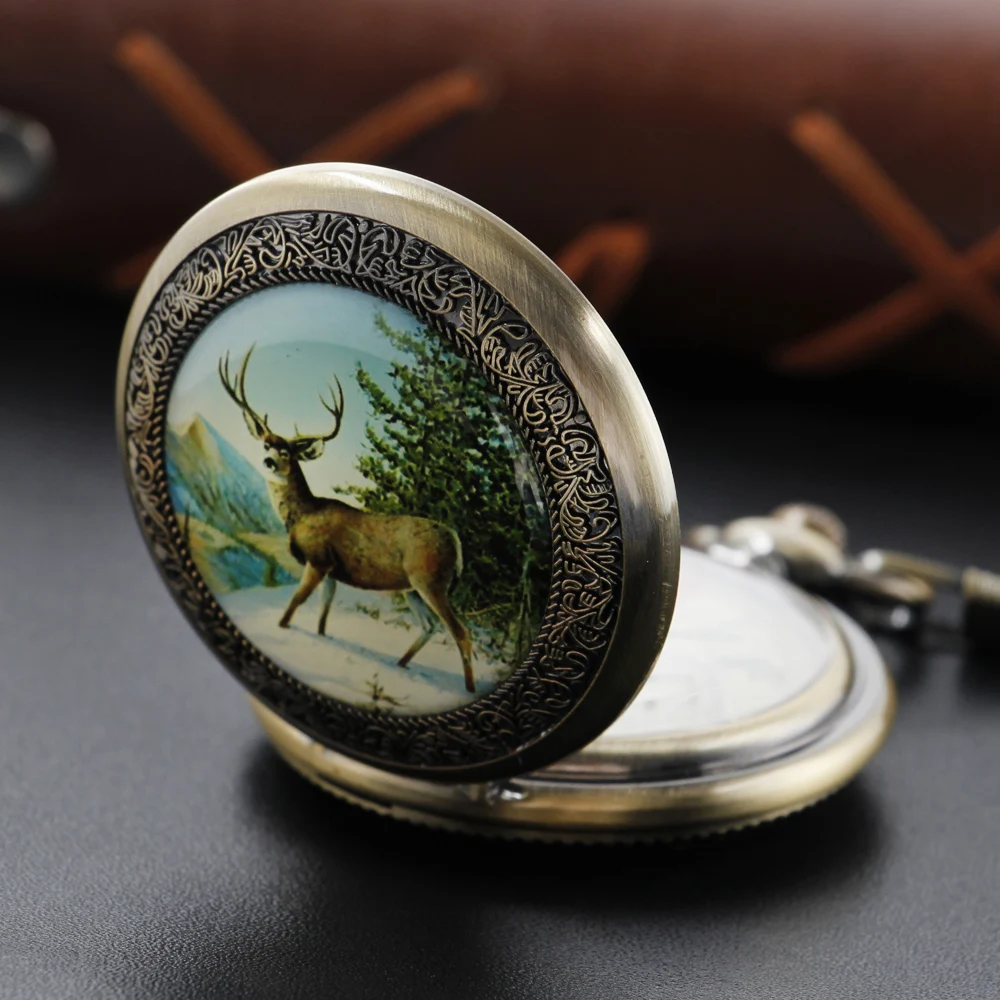 Antique Reindeer Hunter Series Manual Stringed Mechanical Pocket Watch Men's Necklace Pendant Clock Vintage Gentleman Gift