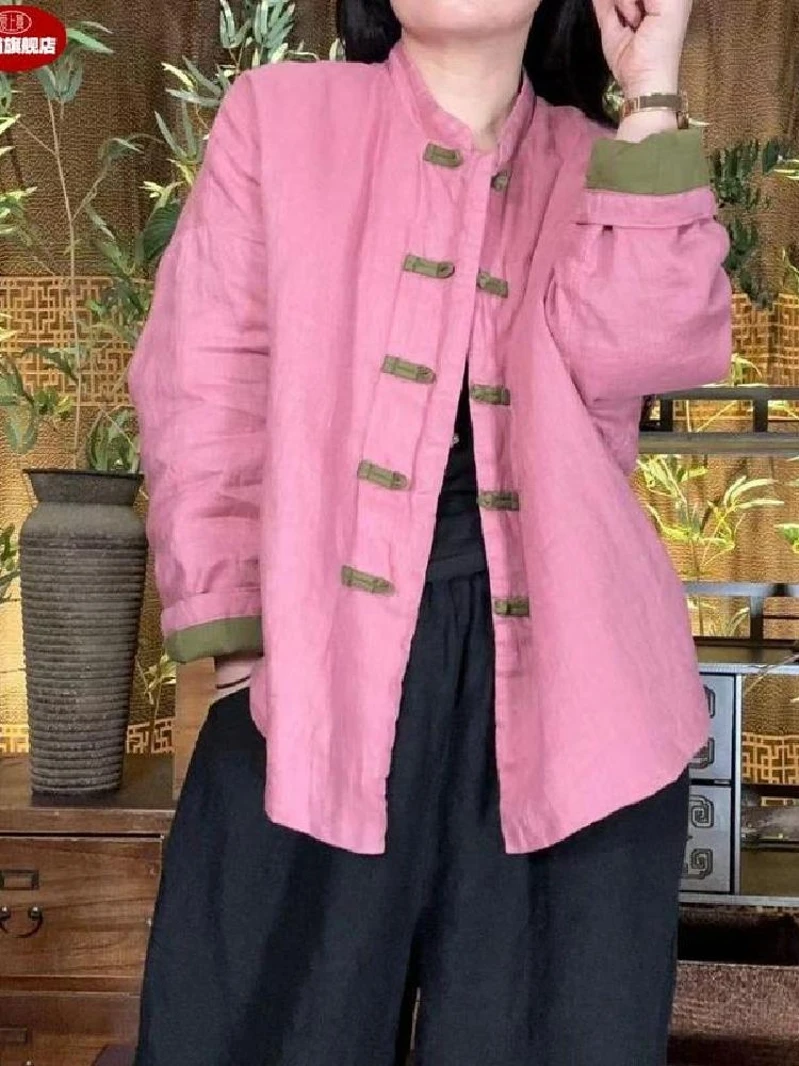 Plus Size 2024 Winter New Retro Stone Washed Linen Cardigan Contrast Color Buckle Clip Thin Cotton Cotton-padded jacket C...