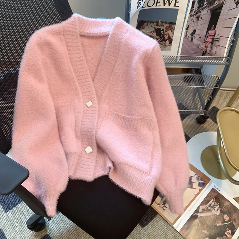 

Женский модный новый стиль розовый вязаный свитер с длинными рукавами темпераментный удобный кардиган универсальное осенне-зимнее пальто