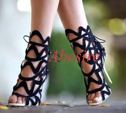 

European Station Color Hollow-Out Strap Sexy High-Heeled Sandals Fashion Hollow-Out Ankle Boots