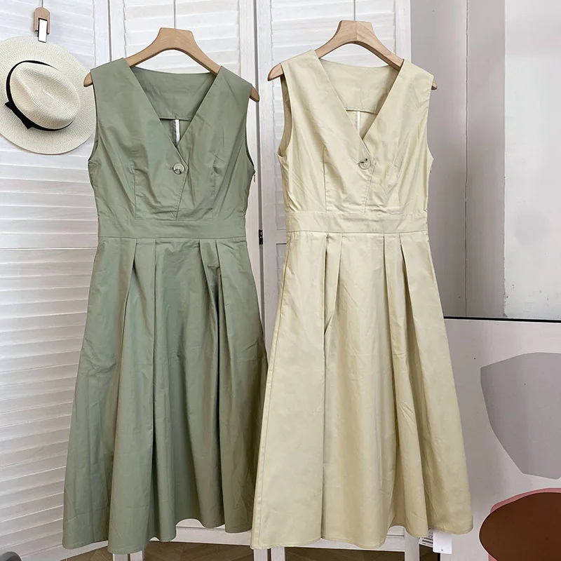 

Japanese V-Neck Sleeveless Dress Thirteen Rows Autumn Simple Green Women's Dropped Medium Length Dress