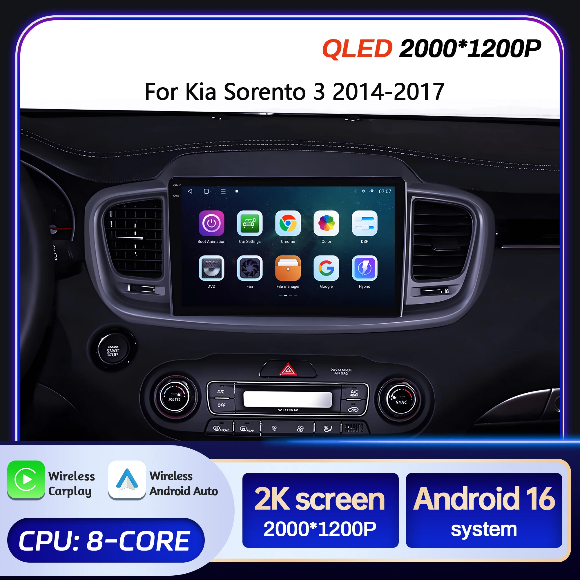 Фото 10-дюймовый автомобильный радиоприемник для Kia Sorento 3 2014-2017 с экраном 2K QLED, Android 16, беспроводным BT, CarPlay, сенсорным управлением, 4G и Wi-Fi №1