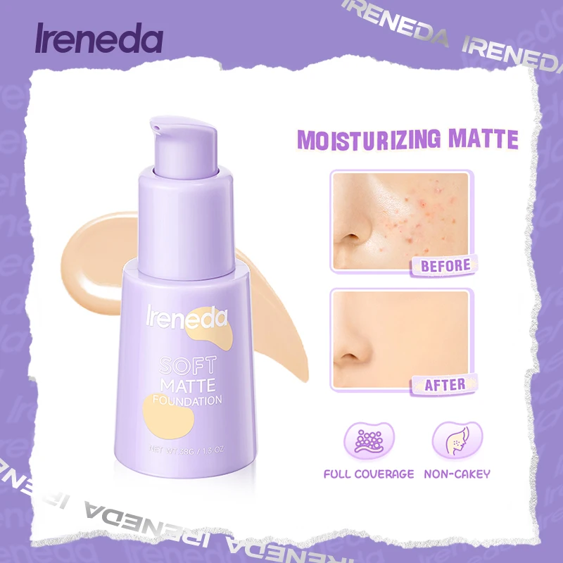 

IRENEDA Matte Foundation Waterproof Long-lasting Moisturize Flawless Full Coverage Lightweight Breathable Non-cakey Face Makeup
