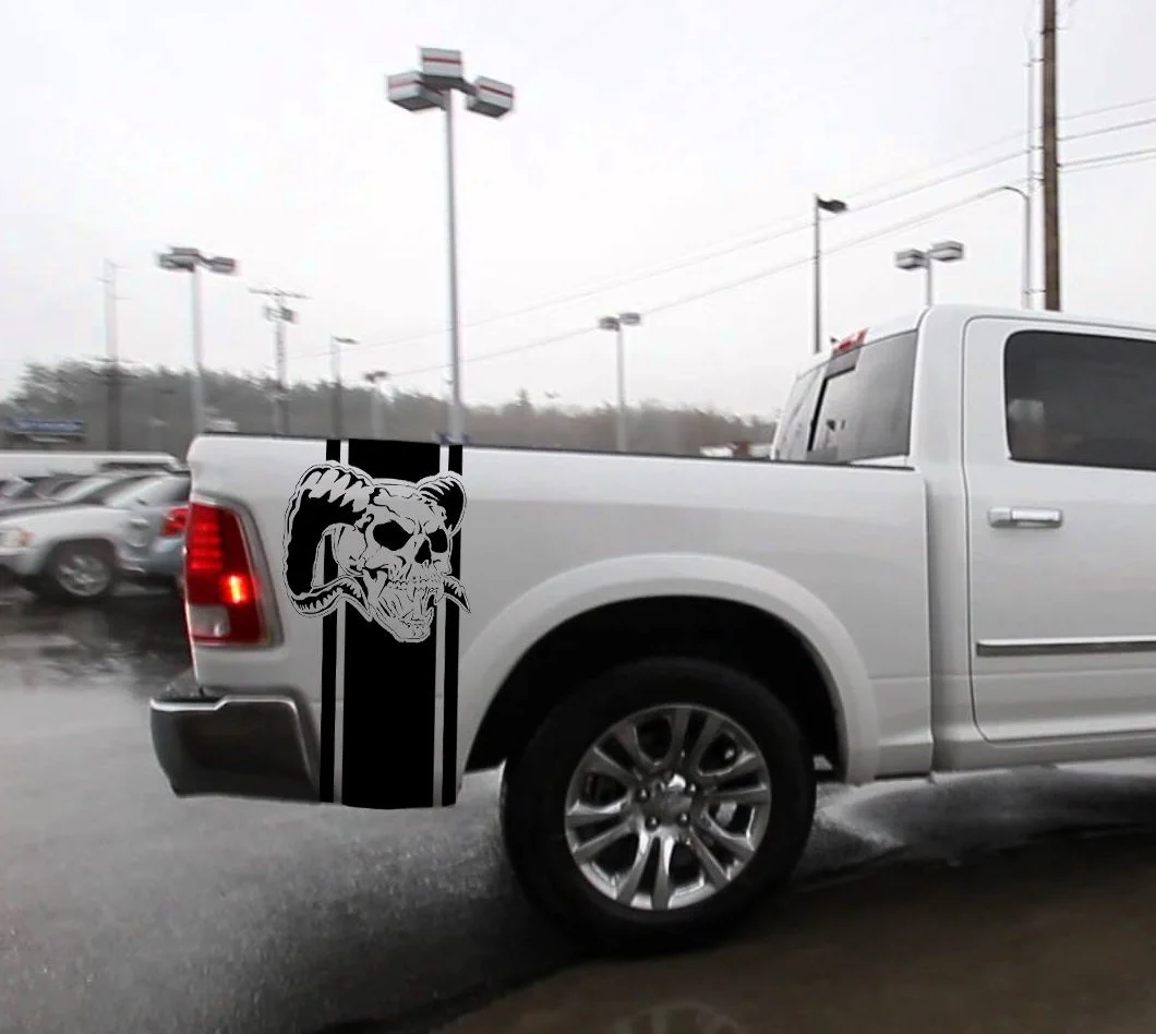 

For Universal 1Set/2Pcs Dodge Ram Skull #2 Bed Stripes Truck Decals Mopar Stickers Set of 2 Racing