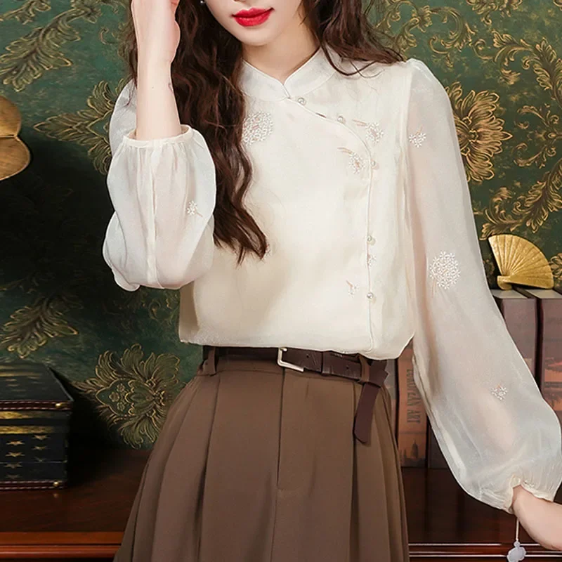 New Long Sleeve Stand Collar Women Blouse Embroidery Shirt Tops Blouses Shirts Blusas Para Mujer Camisas Blusa M677