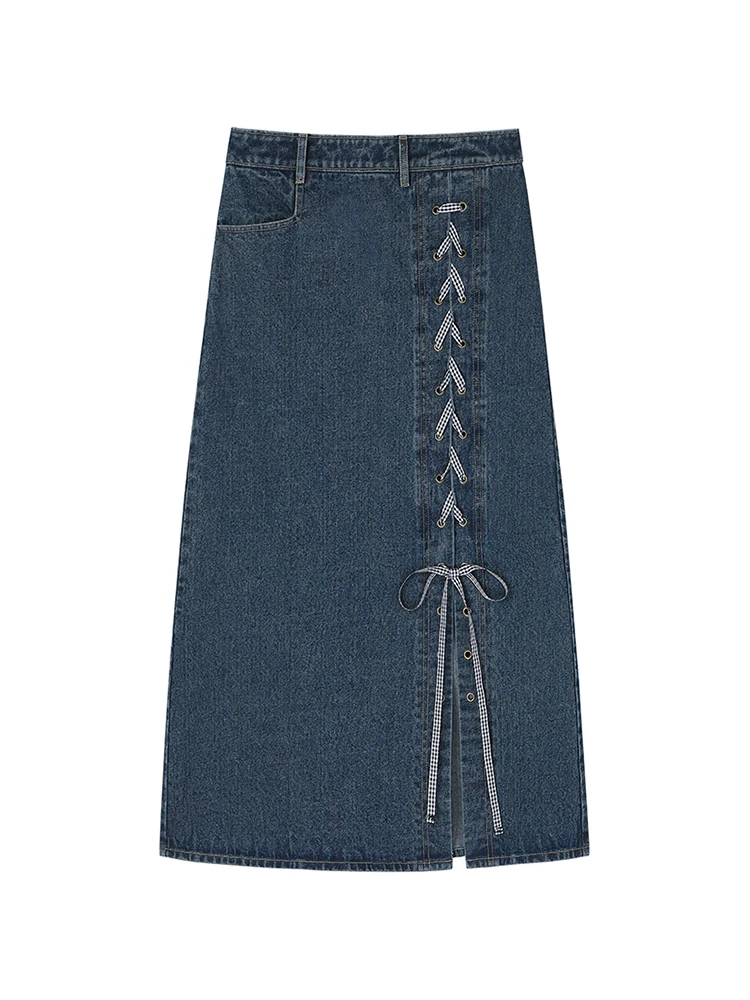 

Lace Up Fork Knee Length Denim Skirt Women Streetwear Casual Pocket High Waist Straight Jeans Skirt New