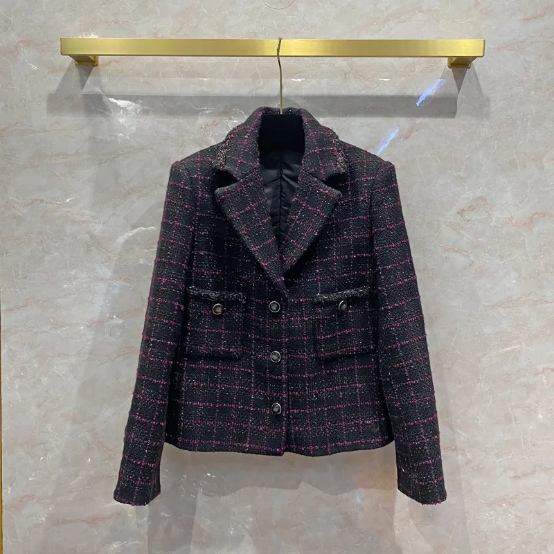 

New Purple Plaid tweed coat wool high end women s wear European and American retro small fragrance casual suit