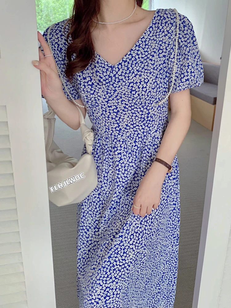 

Женское платье с V-образным вырезом, элегантное винтажное платье синего цвета с цветочным принтом, а-силуэт и галстуком-бабочкой в Корейском...