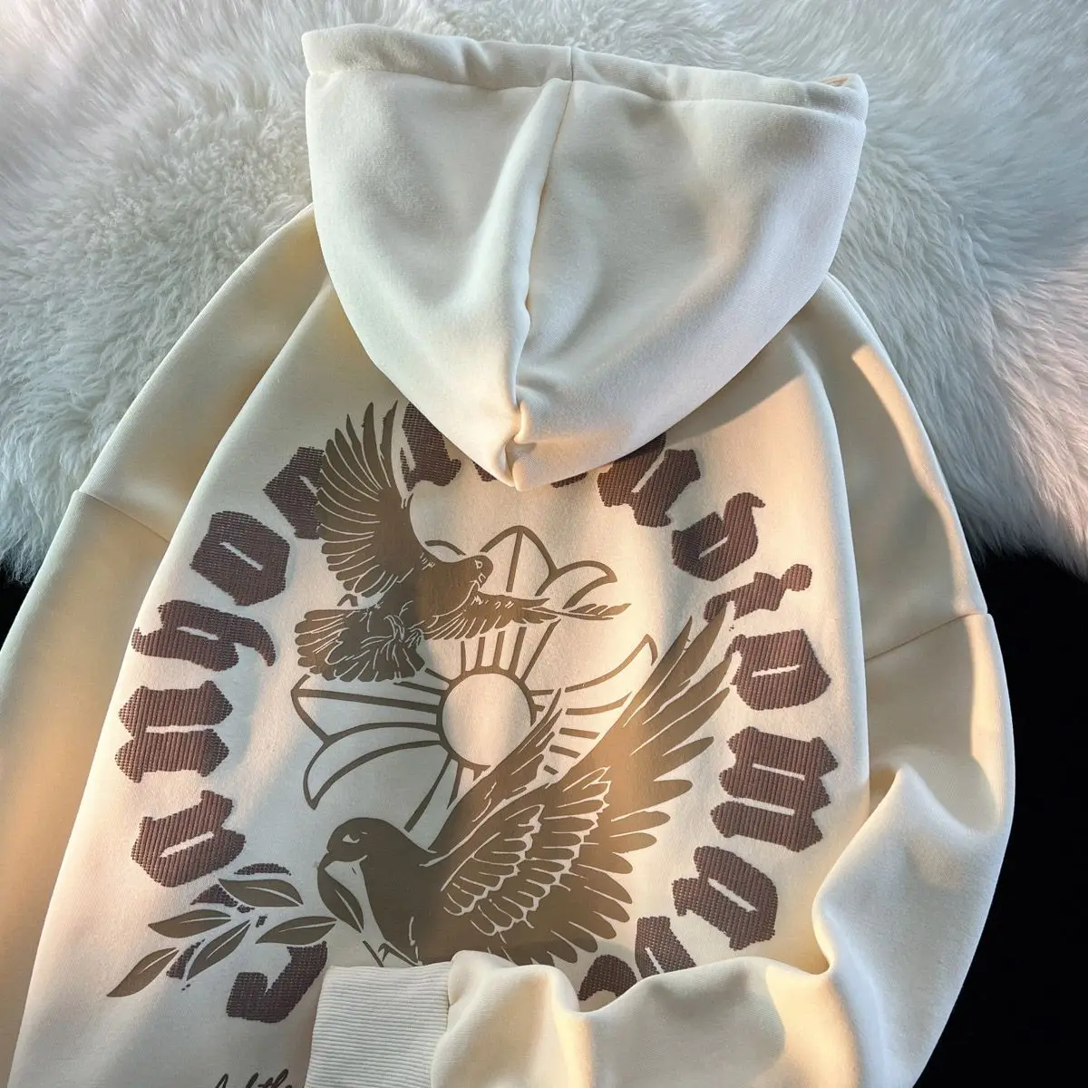 

LIN YU MENG Coat Retro Letter Cross and Peace Dove Print Fashion Hoodie Women Casual Harajuku Oversized Sweatshirts Women