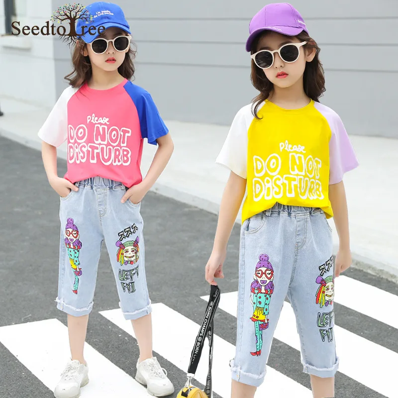 

Summer Children's Sets Girls Letter Print Short Sleeve T-Shirt Elastic Waist Denim Shorts 110-160cm KidsTwo-Piece Suit