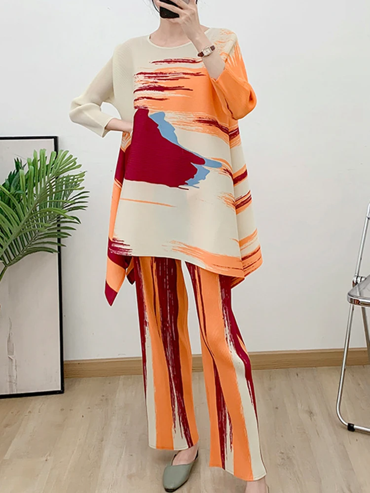 Женские плиссированные комплекты DEAT свободный топ с длинным рукавом и круглым