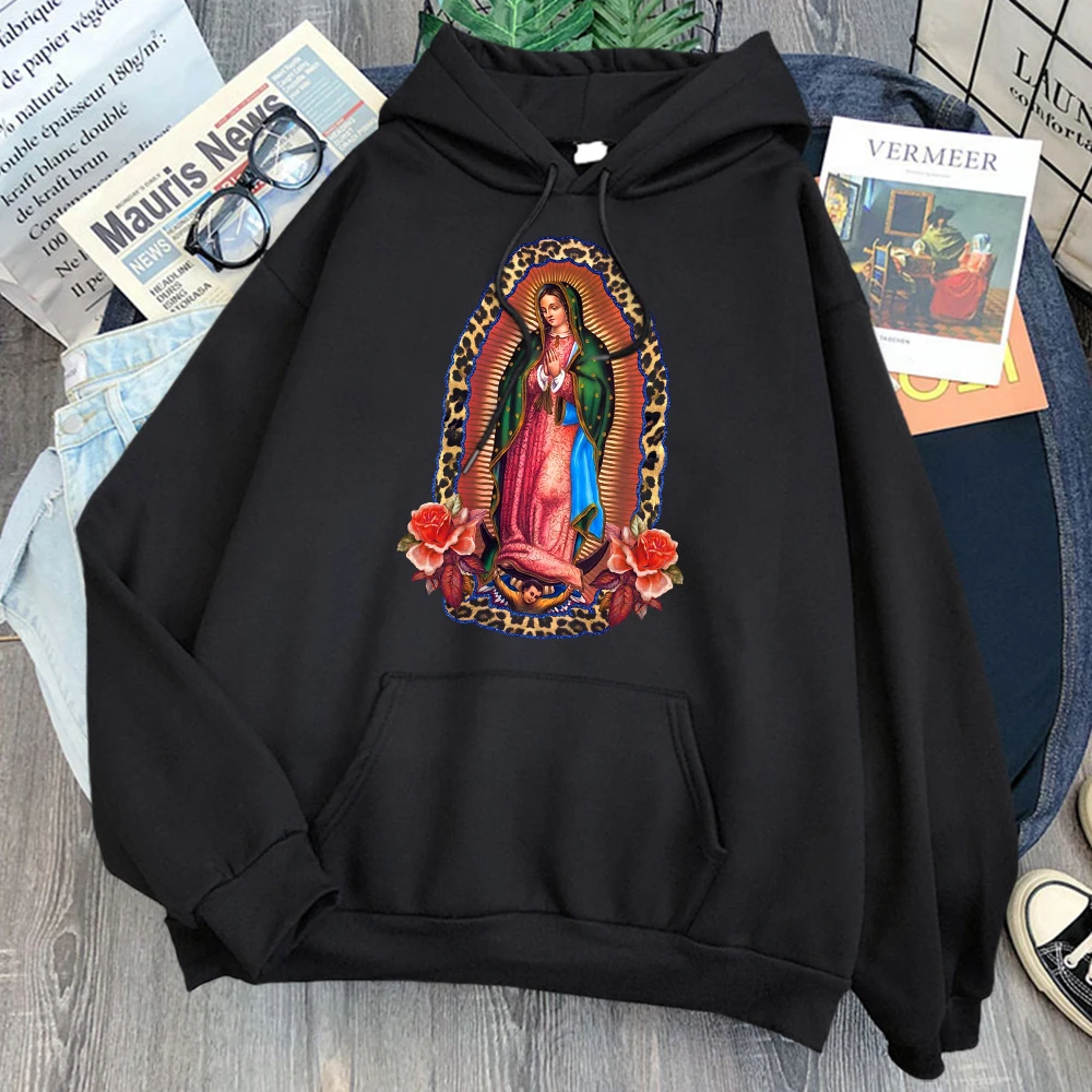 

Our Lady Of Guadalupe Print Man Sweatshirt Fleece Warm Loose Hoodies Harajuku Vintage Pockets Streetwear Hooded Mens Clothes