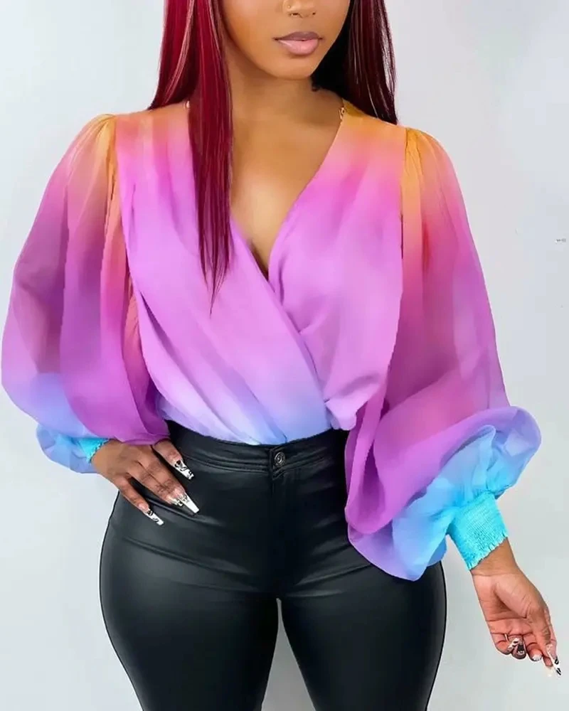 

Ombre Sheer Mesh Lantern Sleeve Wrap Top