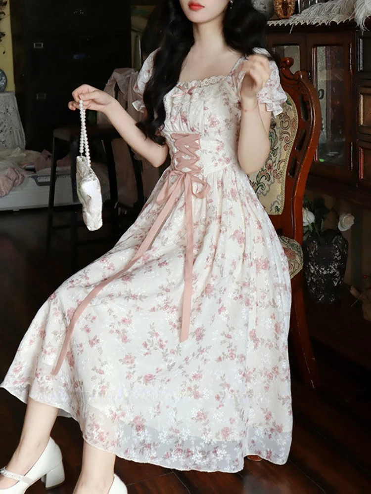 

Korean Fashion Lace Fairy Dress Women Square Collar Princess Kawaii Floral Print Dress Female Bandage Sweet Dress 2023