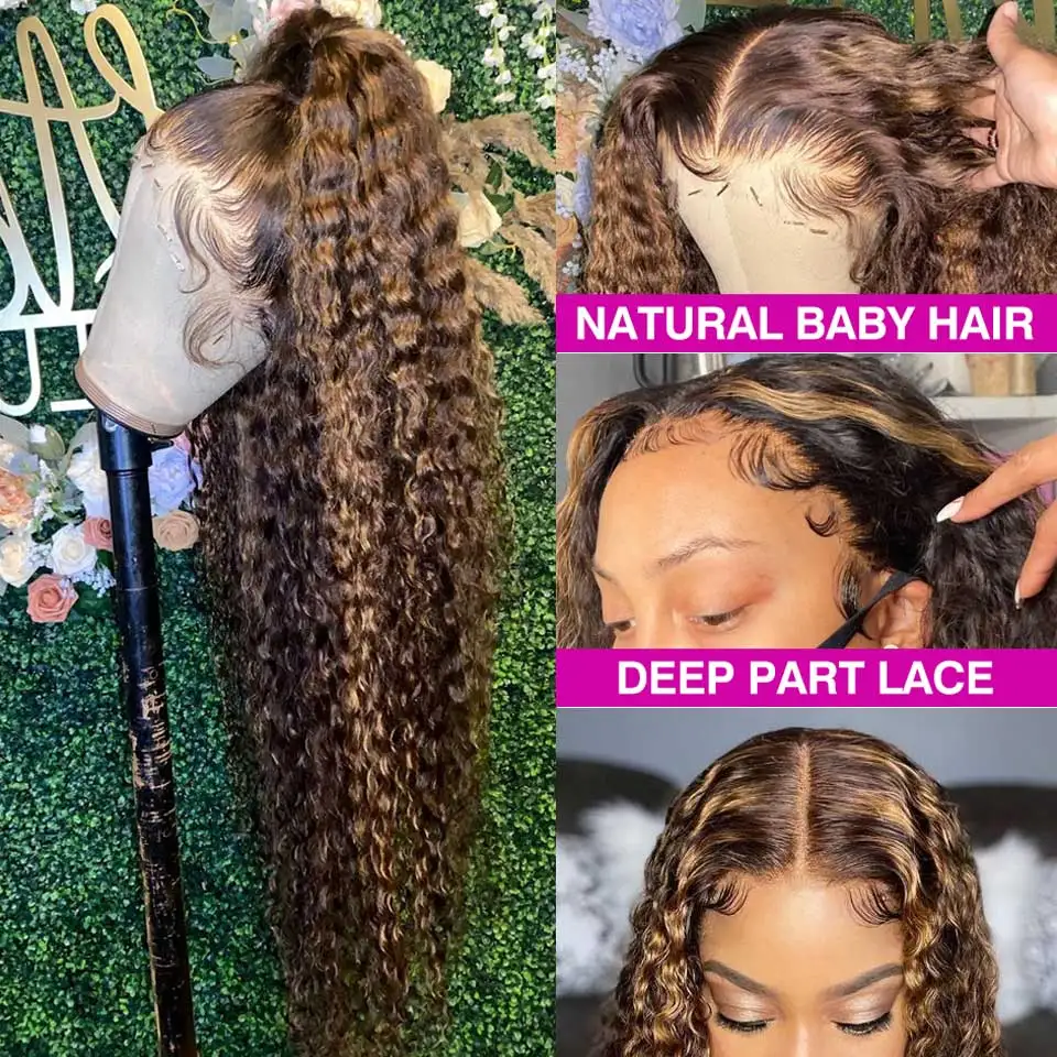 30 Inch Highlight Ombre Lace Front Wig Curly Human Hair Wigs Honey Blonde 4/27 Colored HD Deep Wave Frontal Wigs For Black Women