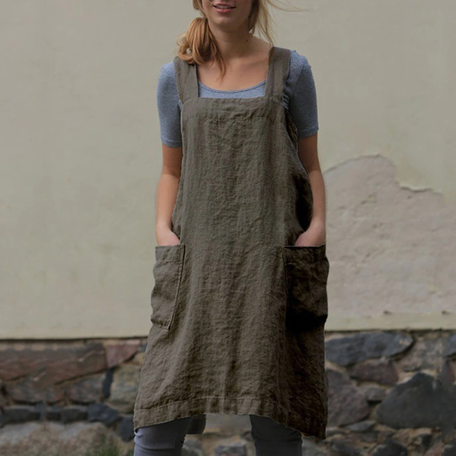 

Фартук женский/мужской однотонный из хлопка и льна, с большими карманами