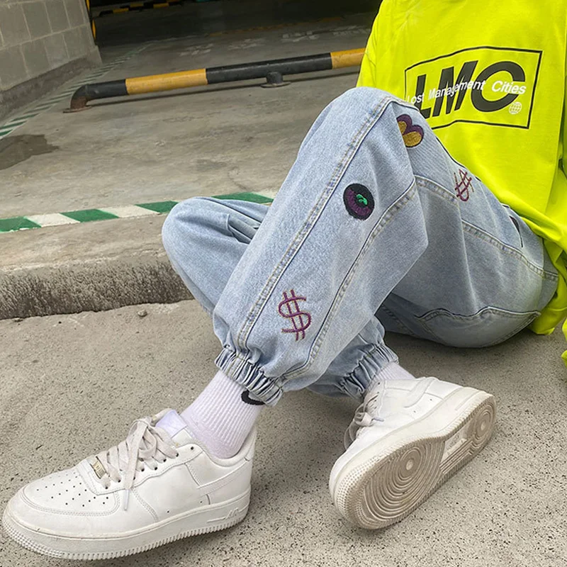 Fashion Men's Jeans Hong Kong Style Loose Handsome Embroidered Wide Leg Pants Ins Casual Trousers Spring and Autumn Man Bottoms