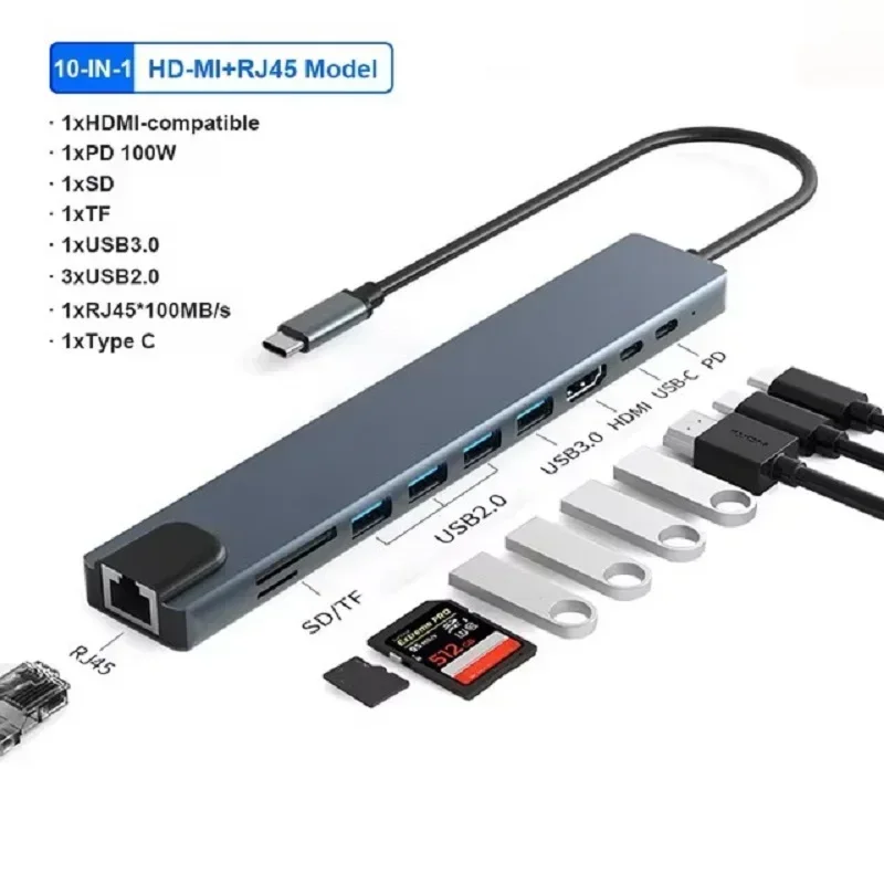 11 в 1 Type-cUSB 3.0c до 4K HDMI-совместимого адаптера VGA PD RJ45 100M для док-станции ноутбука MacBook