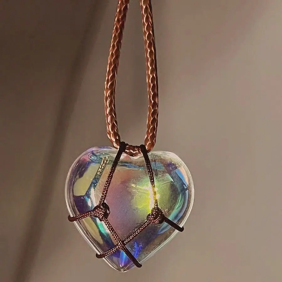 

Rope Wrapped Rose Quartz&Opal Heart Diamond Castle Necklace for Women Girl Teenagers Long Chain Natural Stone Pendant Necklace