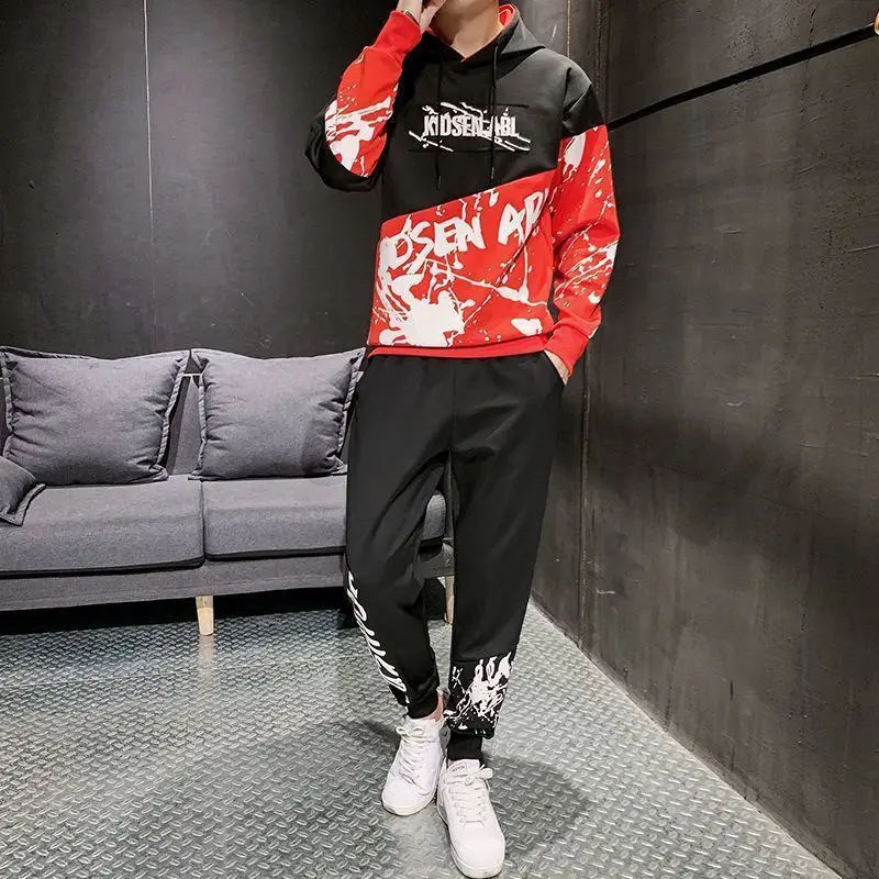 Sports Suit Men's Fashion Street Wear Hip-hop Style Printing Two-piece Hooded Sweater and Sports Pants Fall New Men's Suit