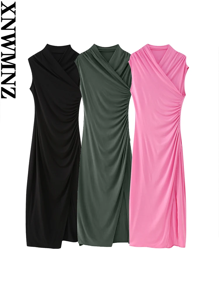 

XNWMNZ 2023 Women Fashion Long Draped Dress Woman Vintage Pleated Short Sleeve Side Split Slim Fit Female Chic Dresses
