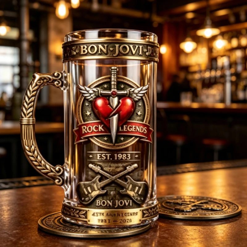 Фото Коллекционная стеклянная кружка Bon Jovi 1983-2026: Легенды рока, хэви-метал группа, винтажная музыкальная тематика, пивная кружка, посуда для напитков №5