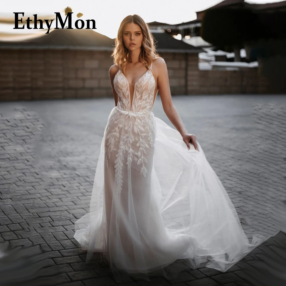 

Ethymon Court Train Spaghetti Straps Wedding Dresses For 2023 Mariages Backless Illusion Sleeveless Robe De Mariée Custom Made