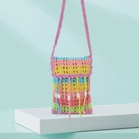 cotton knitted handbag for women crochet shoulder crossbody bag boho tassel phone bags rainbow flap messenger bags ladies purses