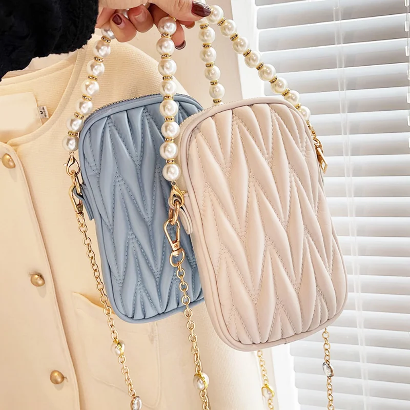 Women's Luxury Brand Design Pearl Chain Mini Shoulder Bag PU Leather Rhombus Pattern Phone Pouch Female Tote Purse Wallet Femele